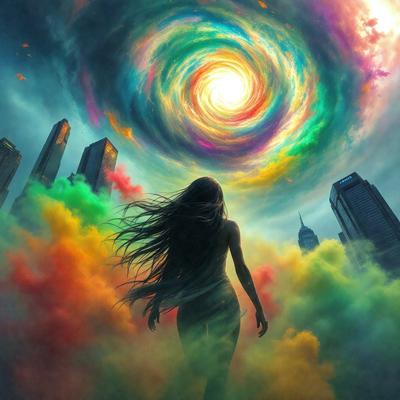 The primary subject of the image is a woman with long hair, who is walking through a colorful, swirling vortex. The setting is a cityscape, with skyscrapers visible in the background. The visual style is a digital art, illustration, or drawing, creating a vibrant and dynamic atmosphere. The colors and mood are predominantly bright and lively, with the woman's long hair and the swirling vortex adding a sense of movement and energy to the scene.